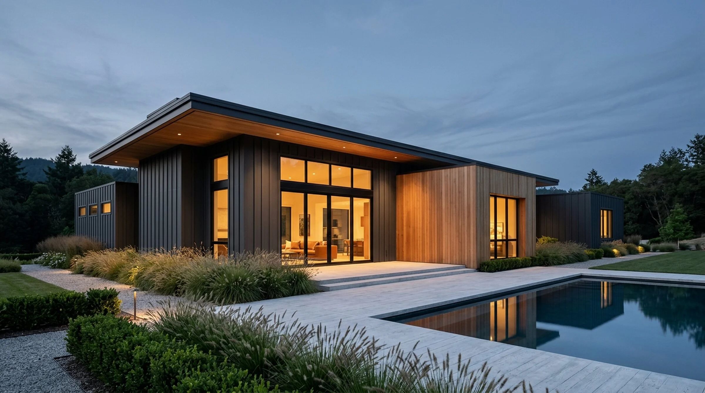 Contemporary residence in charcoal board and batten cladding with cedar accents at dusk